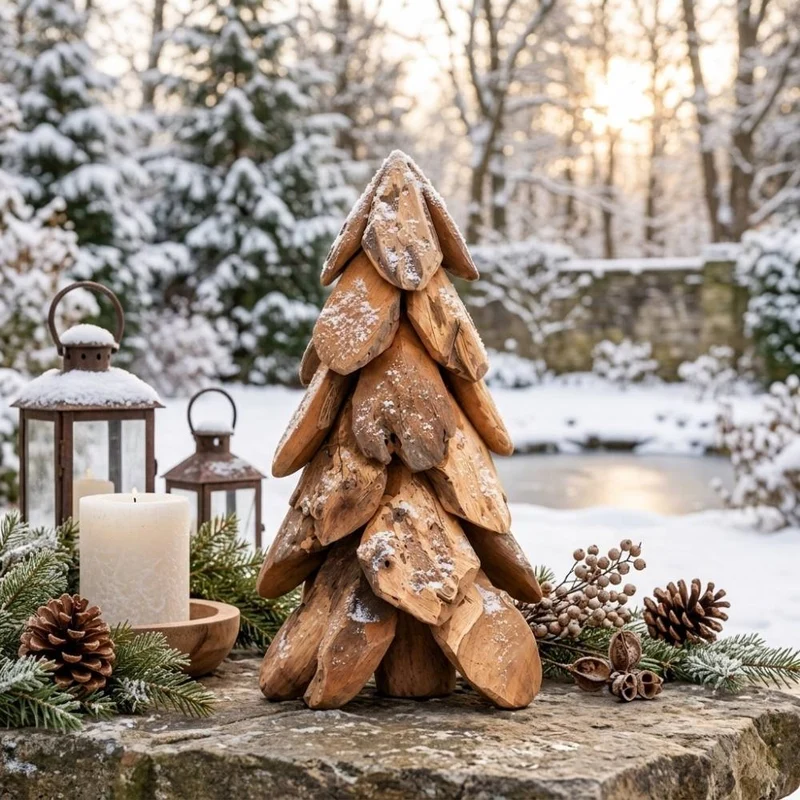 Teak-Baum CEMARA 40cm Handgefertigte Teakholz Deko Tannenbaum