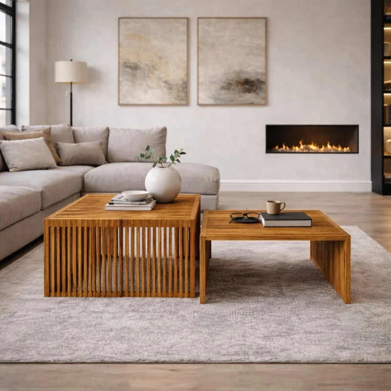 2.tlg. Teak Couchtisch-Set LINETA 80cm Wohnzimmertisch In-/Outdoor
