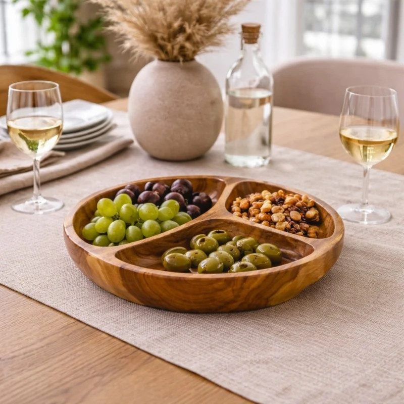 Handgefertigte Teakholz-Schale PEANUT 30 cm mit 3 Segmenten natural