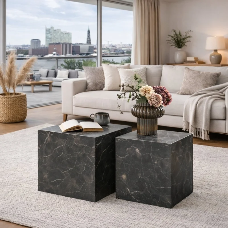 2er Couchtisch-Set POSTATO 50cm | Modernes Design Marmor-Look braun