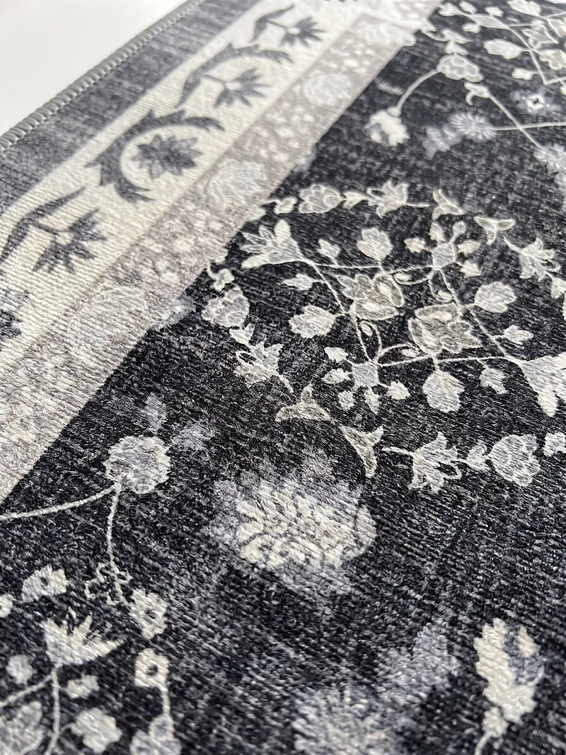 Kurzflor-Teppich mit Blütenmuster und Bordüre – Waschbar bei 30 °C | 5 mm flach