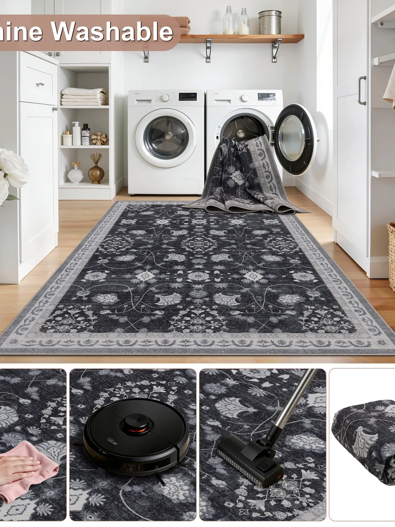 Kurzflor-Teppich mit Blütenmuster und Bordüre – Waschbar bei 30 °C | 5 mm flach