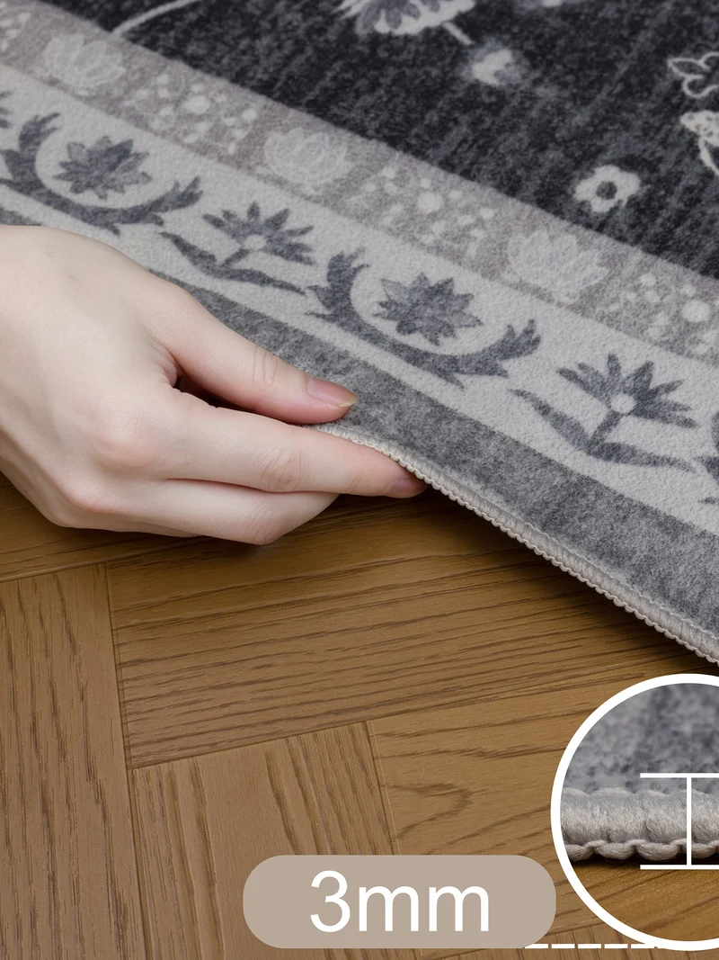 Kurzflor-Teppich mit Blütenmuster und Bordüre – Waschbar bei 30 °C | 5 mm flach