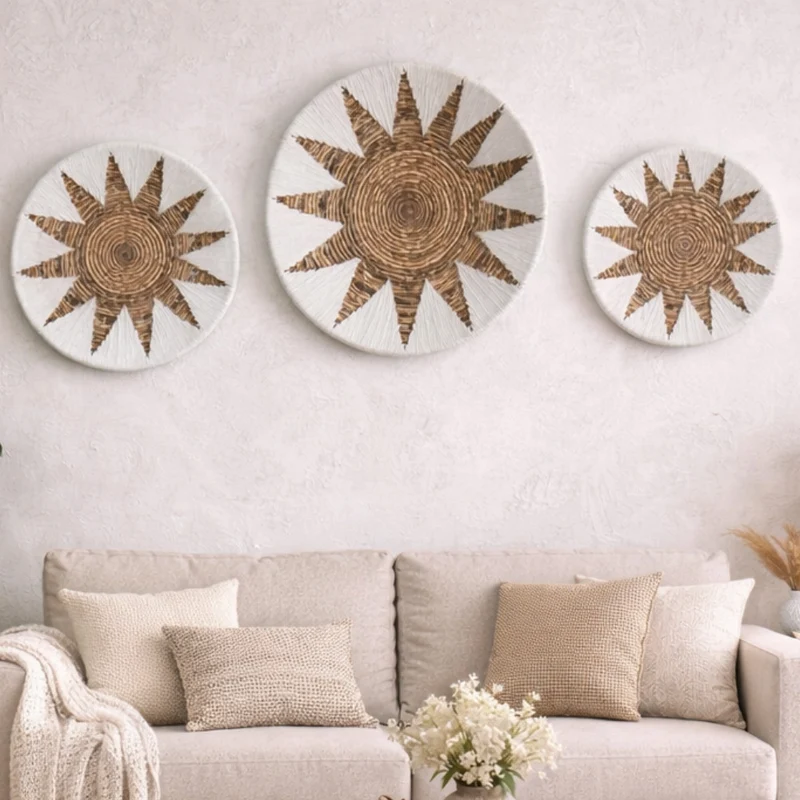3-tlg. Wanddeko-Set SOLEIL rund 50cm natur Bast Boho Dekoration