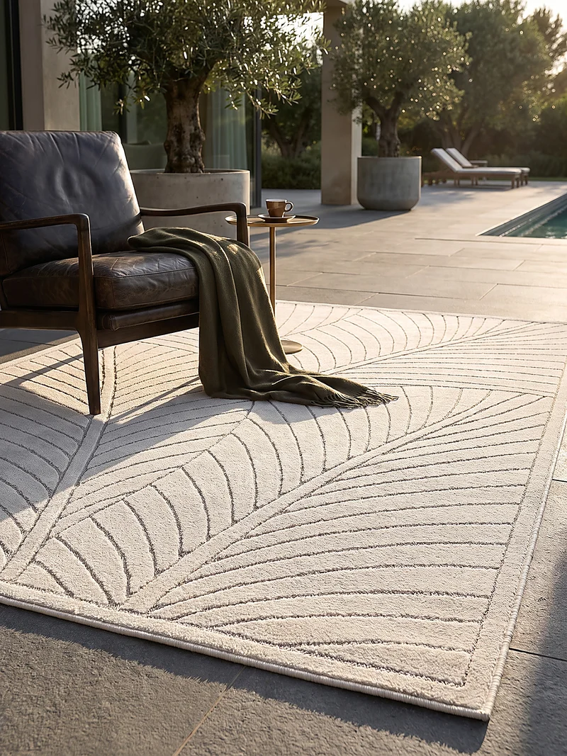 Kurzflor-Teppich mit Blattrelief – Wetterfest & UV-beständig | Fühlbare 3D-Struktur