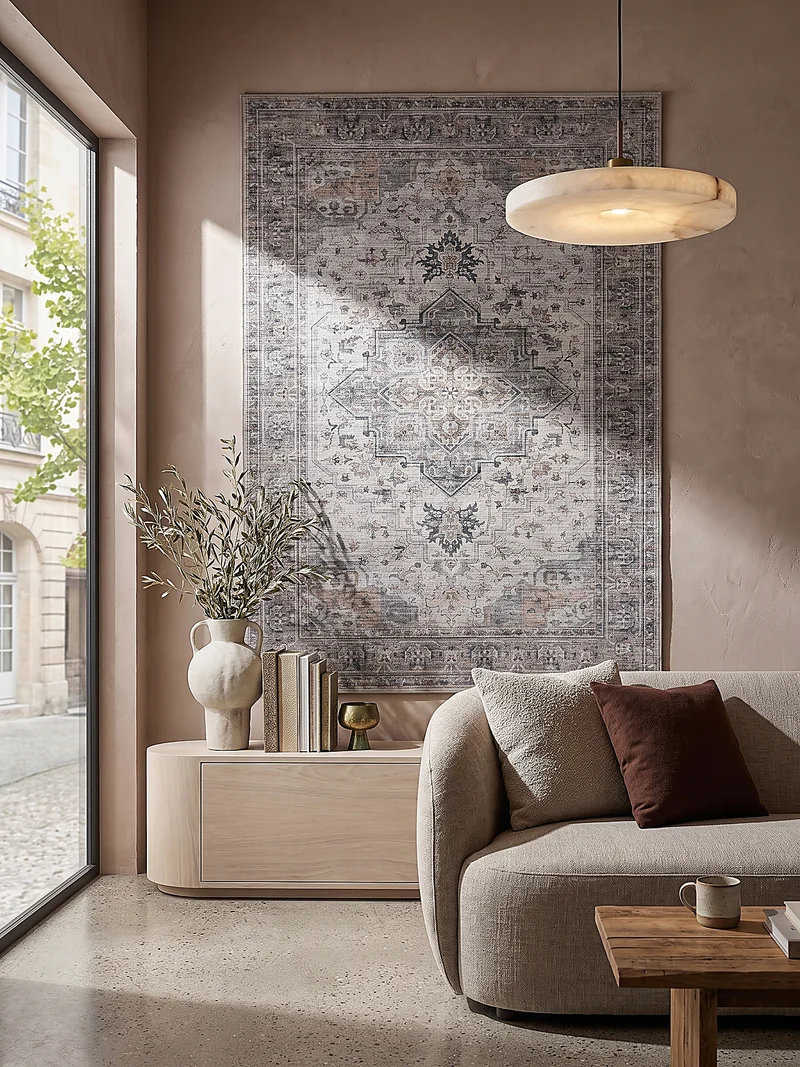Kurzflor-Teppich mit Orientmuster – Kantiges Medaillon | Waschbar bei 30 °C