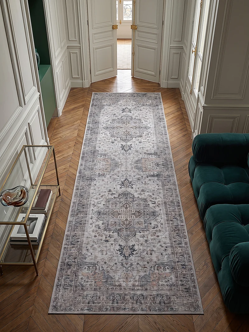 Kurzflor-Teppich mit Orientmuster – Kantiges Medaillon | Waschbar bei 30 °C