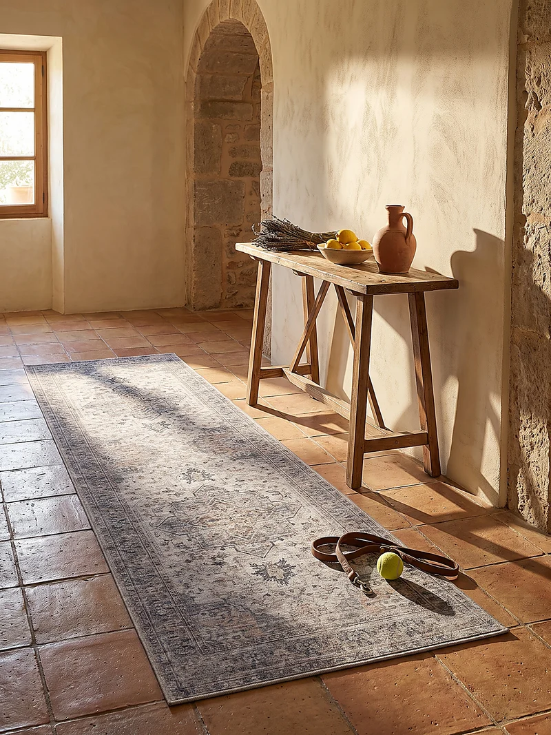 Kurzflor-Teppich mit Orientmuster – Kantiges Medaillon | Waschbar bei 30 °C