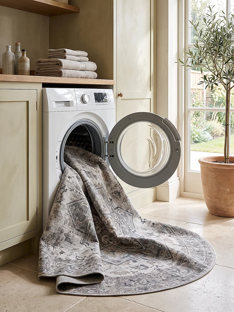 Kurzflor-Teppich mit Orientmuster – Kantiges Medaillon | Waschbar bei 30 °C