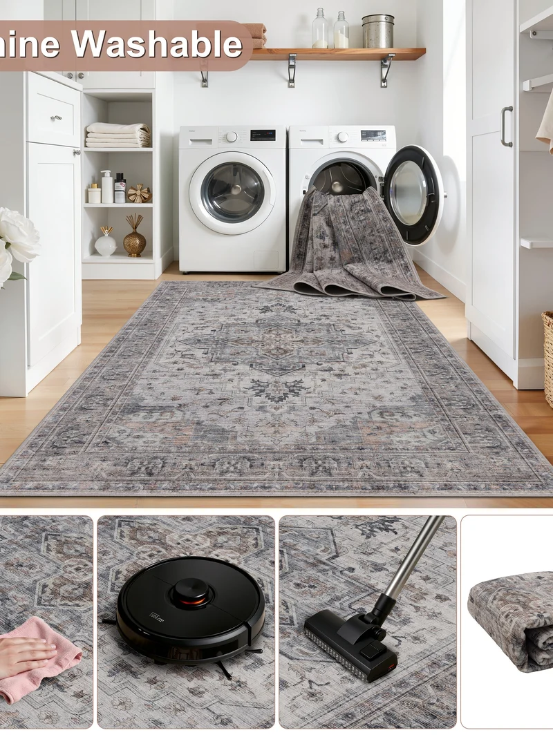Kurzflor-Teppich mit Orientmuster – Kantiges Medaillon | Waschbar bei 30 °C