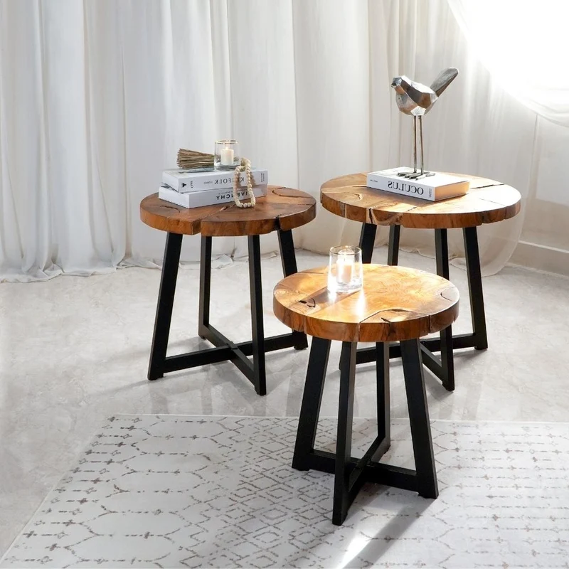 Runder Massivholz Beistelltisch BAGIAN 50cm Teak natural Metall