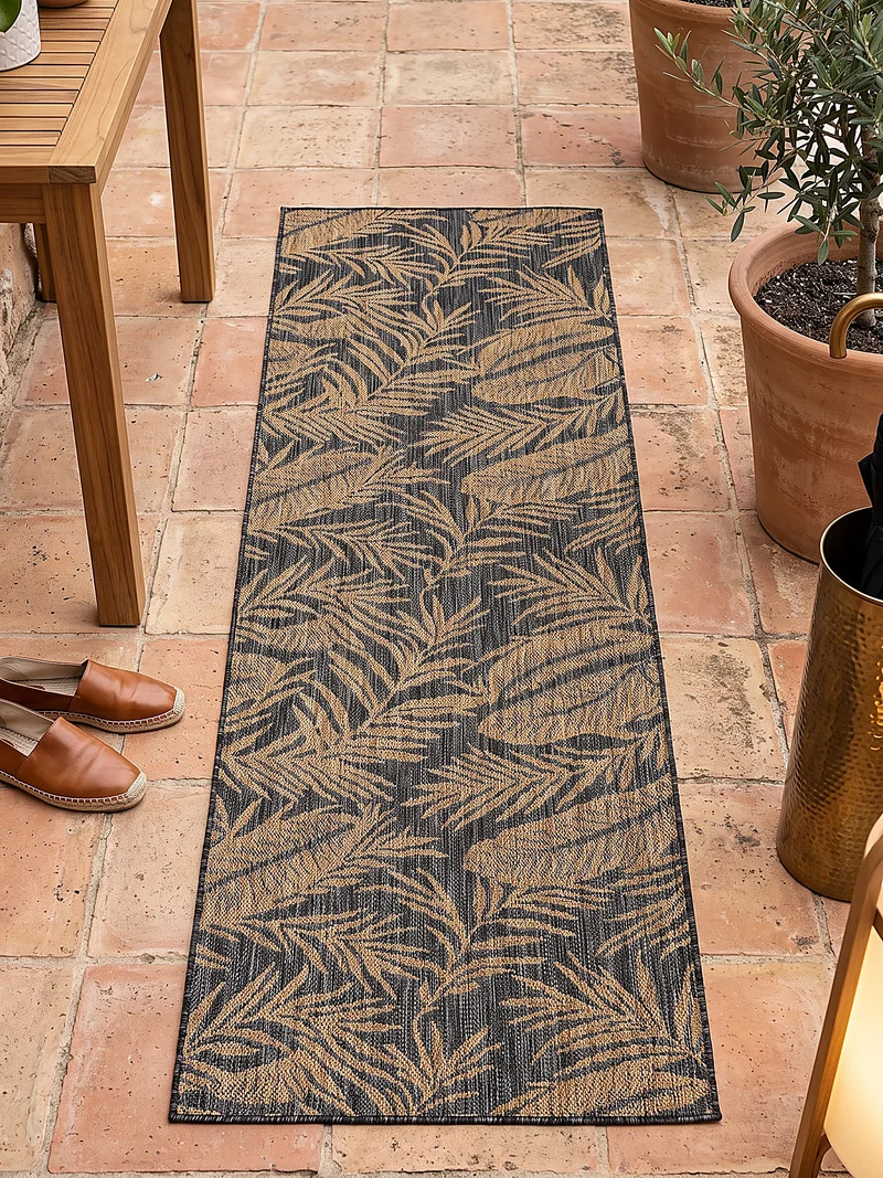 Flachgewebe-Teppich mit Palmblättern – Wetterfest & UV-beständig | Boho-Stil