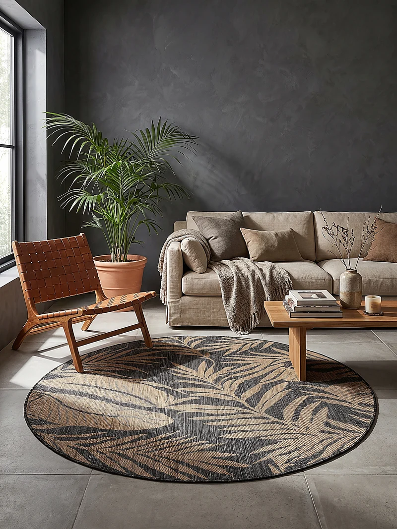 Flachgewebe-Teppich mit Palmblättern – Wetterfest & UV-beständig | Boho-Stil