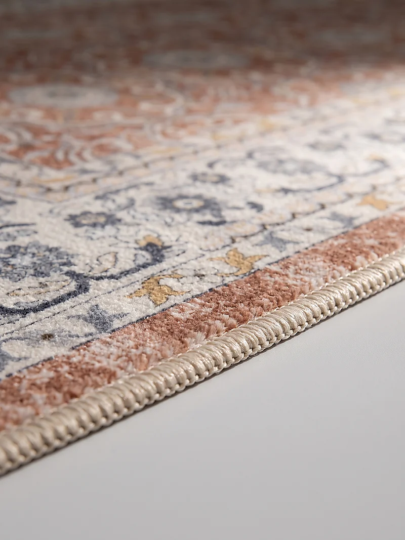 Kurzflor-Teppich mit Blütenrosetten und breiter Bordüre – Waschbar bei 30 °C