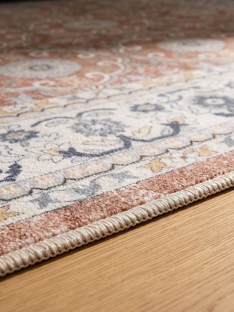 Kurzflor-Teppich mit Blütenrosetten und breiter Bordüre – Waschbar bei 30 °C