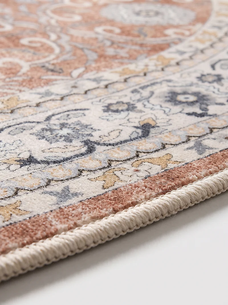 Kurzflor-Teppich mit Blütenrosetten und breiter Bordüre – Waschbar bei 30 °C