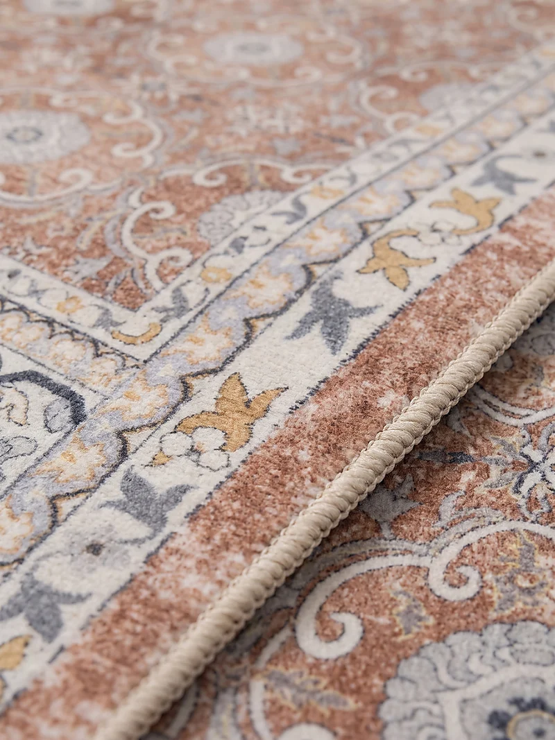 Kurzflor-Teppich mit Blütenrosetten und breiter Bordüre – Waschbar bei 30 °C