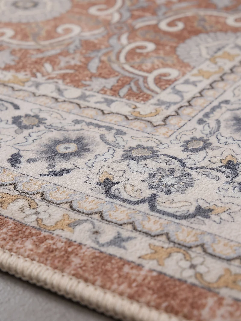 Kurzflor-Teppich mit Blütenrosetten und breiter Bordüre – Waschbar bei 30 °C
