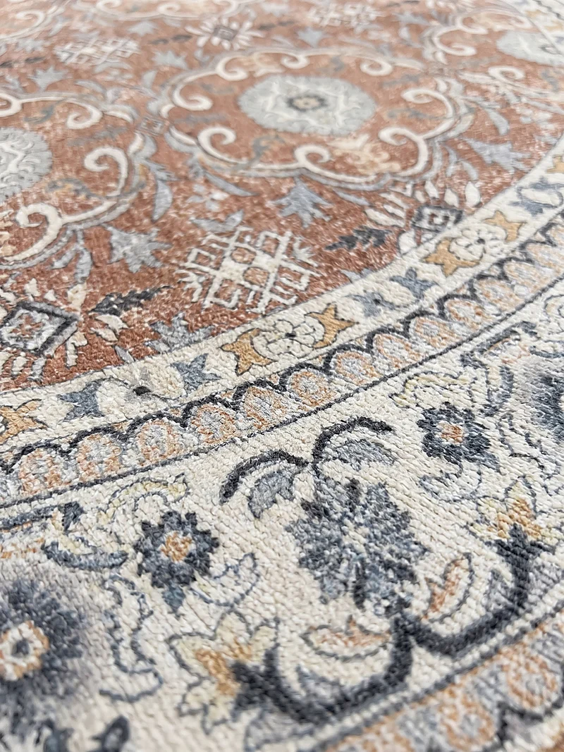 Kurzflor-Teppich mit Blütenrosetten und breiter Bordüre – Waschbar bei 30 °C