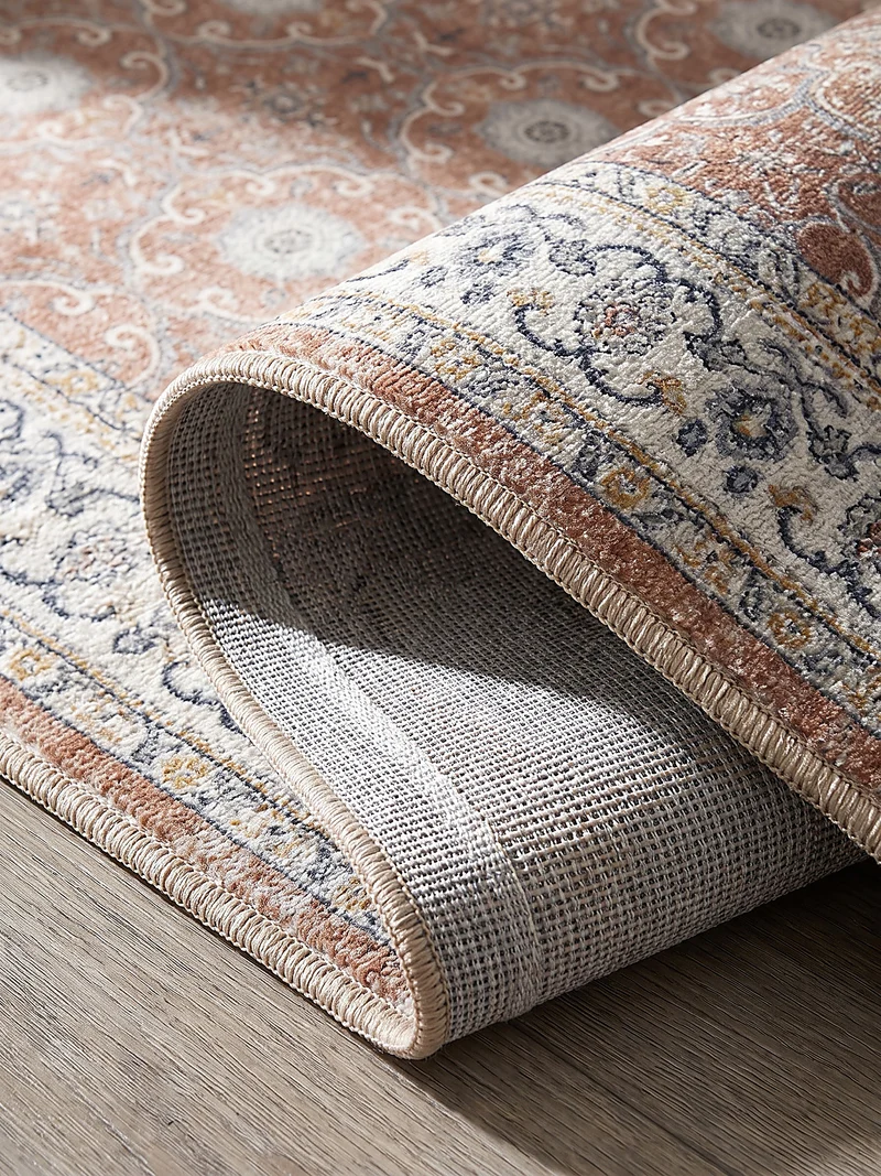 Kurzflor-Teppich mit Blütenrosetten und breiter Bordüre – Waschbar bei 30 °C