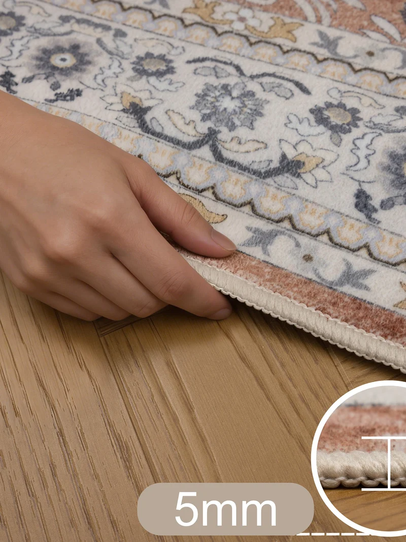 Kurzflor-Teppich mit Blütenrosetten und breiter Bordüre – Waschbar bei 30 °C