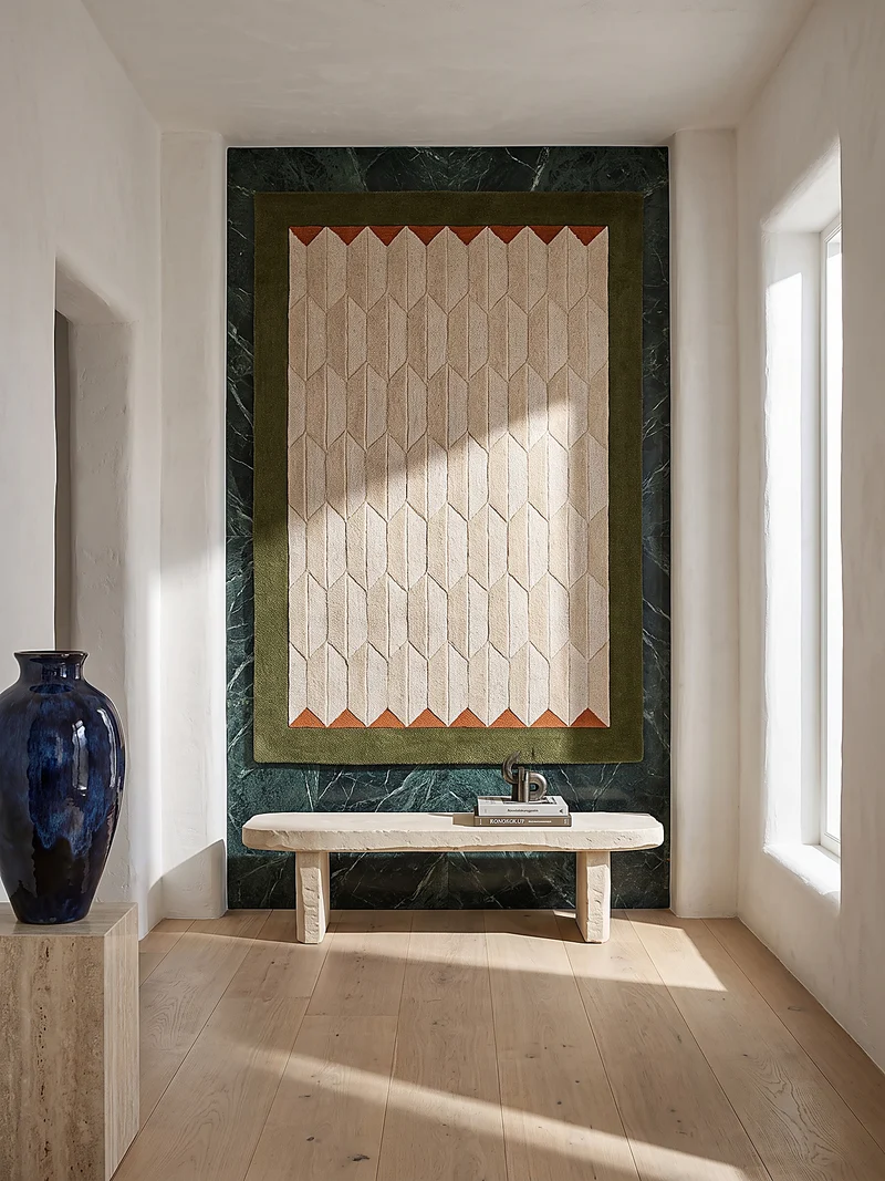 Kurzflor-Wollteppich Wabenmuster · handgetuftet · 5 mm Flor, 3.250 g/m²