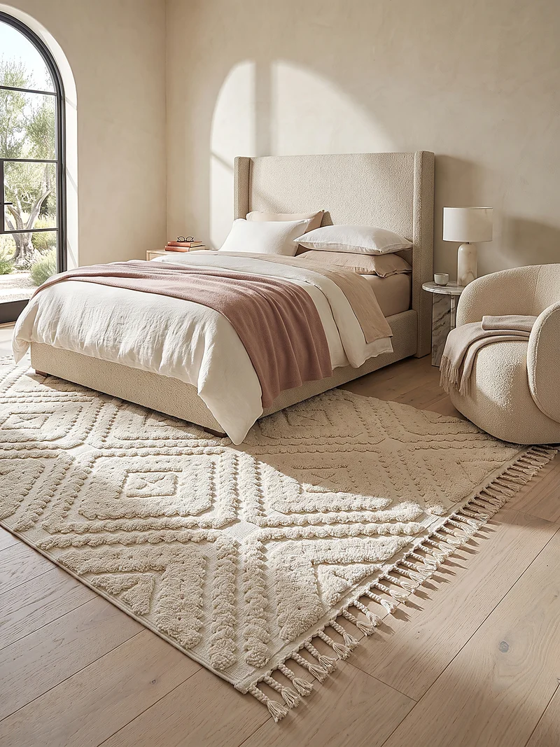 Hochflor-Teppich Rauten-Relief · 20 mm Flor, Fransen, 100 % Polyester
