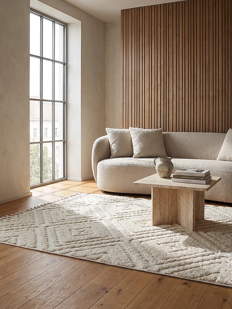 Hochflor-Teppich Rauten-Relief · 20 mm Flor, Fransen, 100 % Polyester