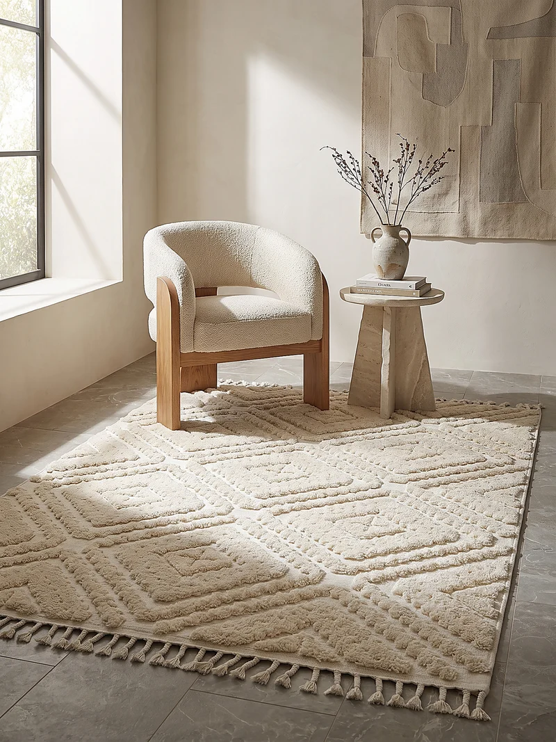 Hochflor-Teppich Rauten-Relief · 20 mm Flor, Fransen, 100 % Polyester