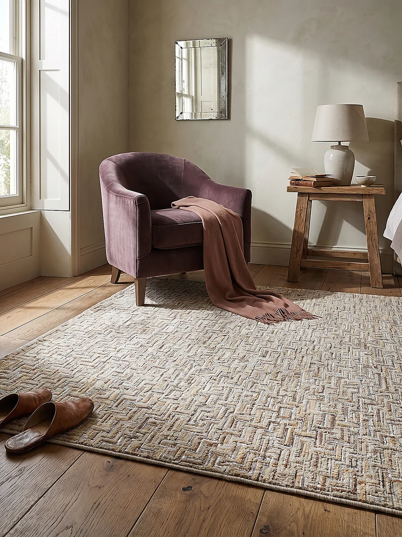 Kurzflor-Teppich Mosaik · Naturton mit Glanzgarn, 7 mm Flor, mit Fransen