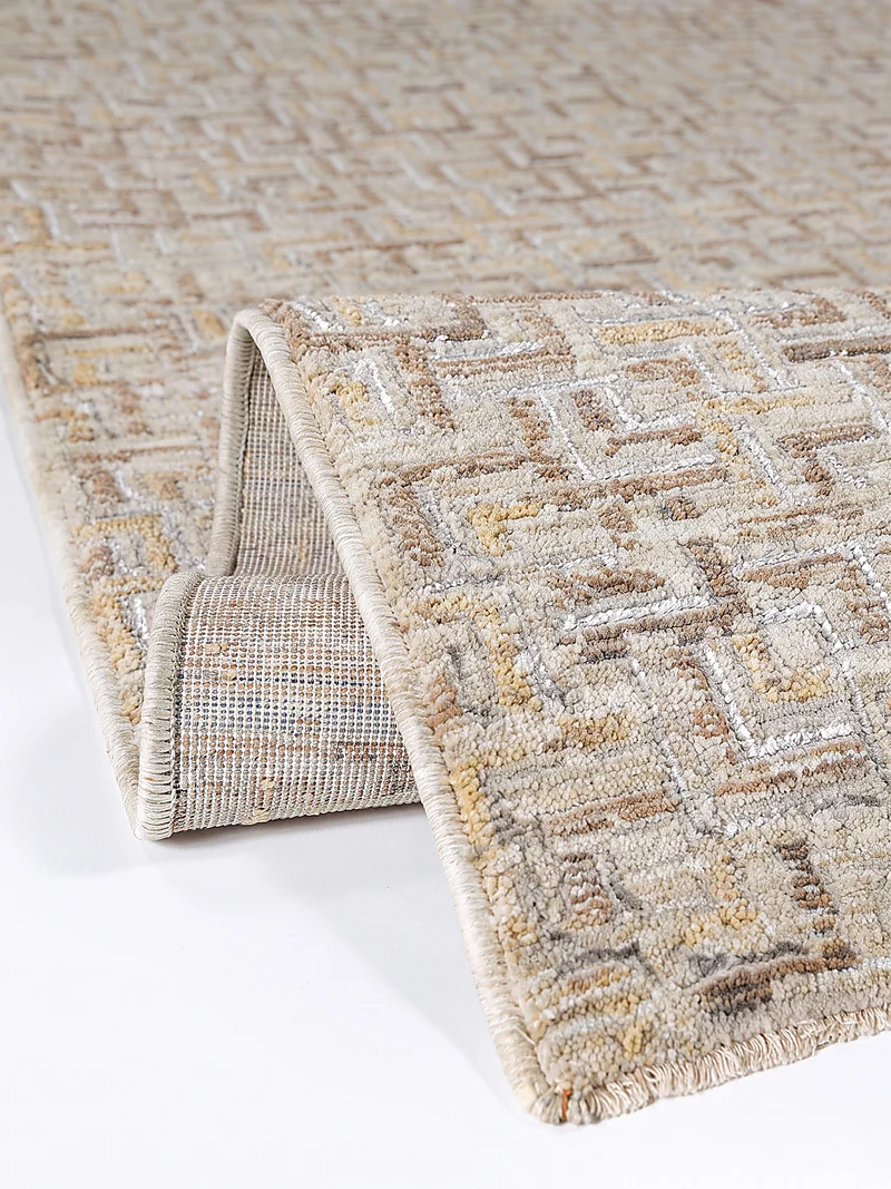 Kurzflor-Teppich Mosaik · Naturton mit Glanzgarn, 7 mm Flor, mit Fransen