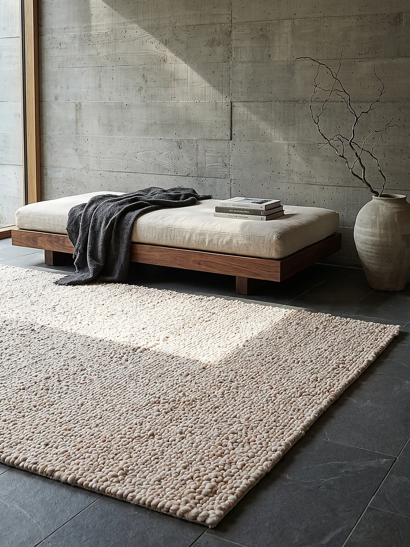 Kurzflor-Teppich Bouclé-Melange · 100 % Polyester · handgewebt, 10 mm Flor