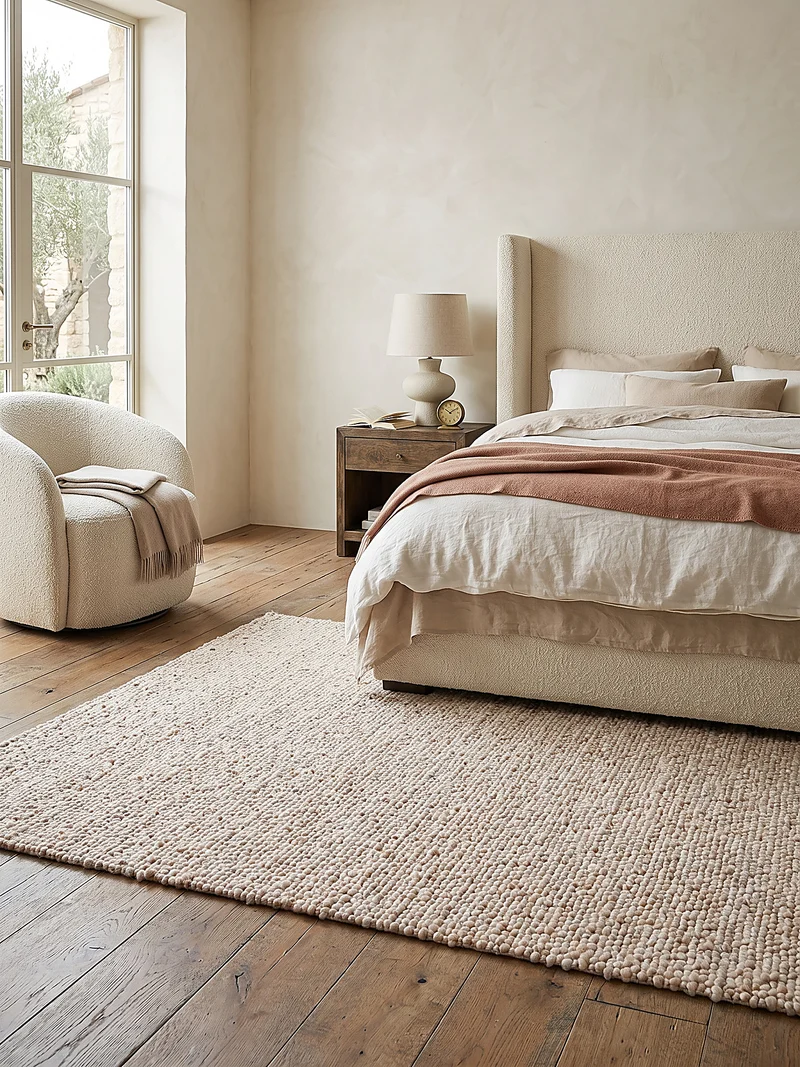 Kurzflor-Teppich Bouclé-Melange · 100 % Polyester · handgewebt, 10 mm Flor