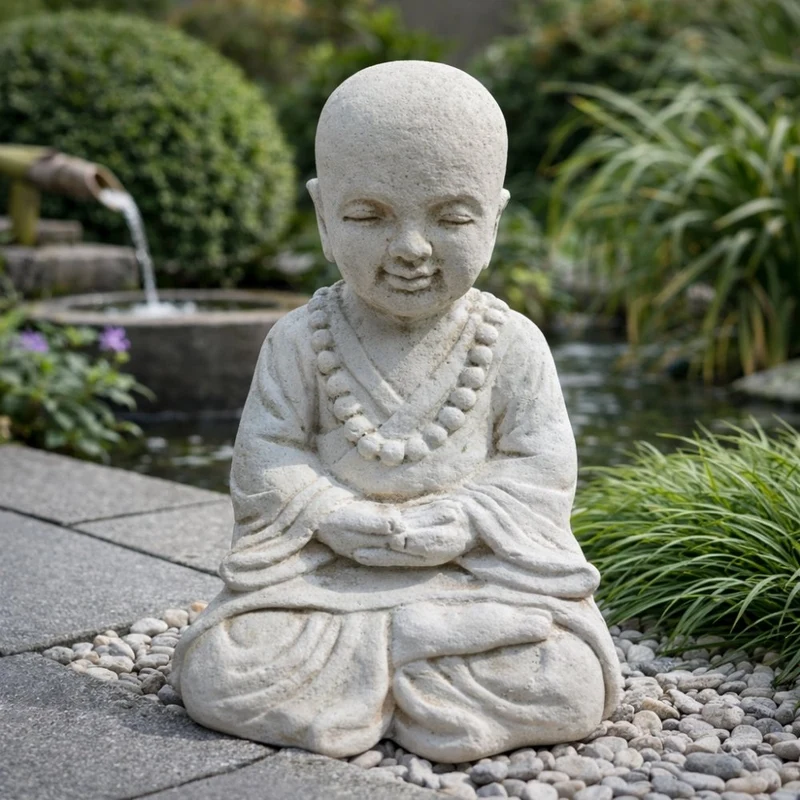 Buddha Figur PRAY 40cm Antik-Weiss Zement Outdoor-Deko