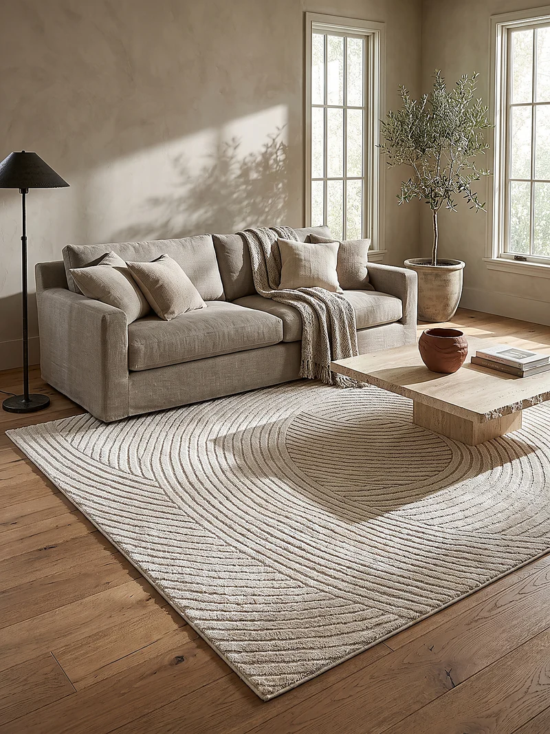 Kurzflor-Teppich geschwungene Bögen - Polypropylen-Polyester-Mix, 15 mm Gesamthöhe