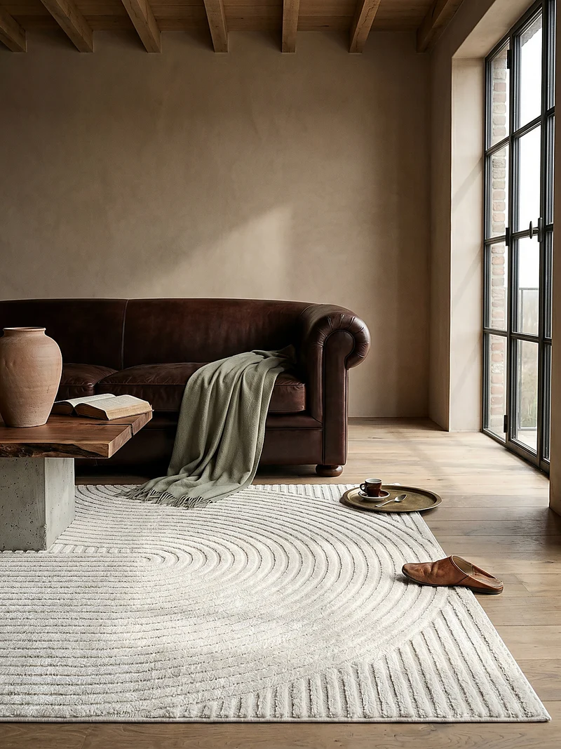Kurzflor-Teppich 3D-Relief Zen-Halbkreise - Polypropylen-Polyester-Mix, 15 mm Gesamthöhe