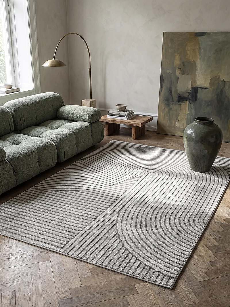 Kurzflor-Teppich 3D-Relief Zen-Halbkreise - Polypropylen-Polyester-Mix, 15 mm Gesamthöhe