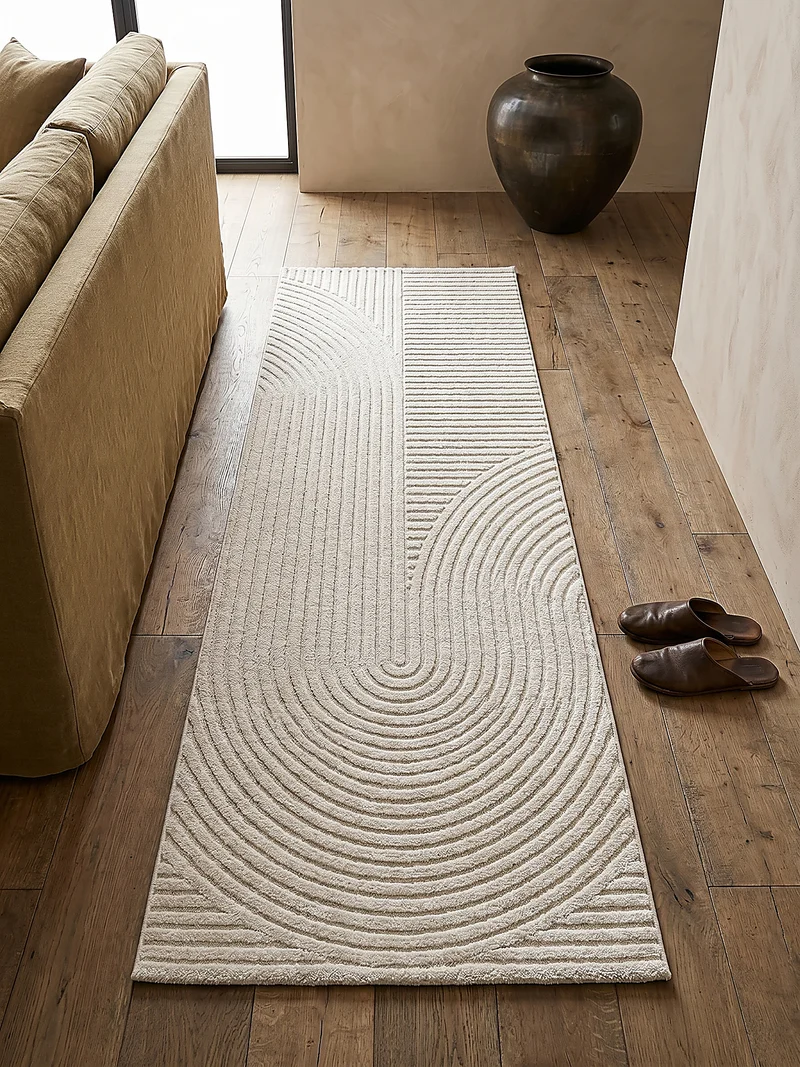 Kurzflor-Teppich 3D-Relief Zen-Halbkreise - Polypropylen-Polyester-Mix, 15 mm Gesamthöhe
