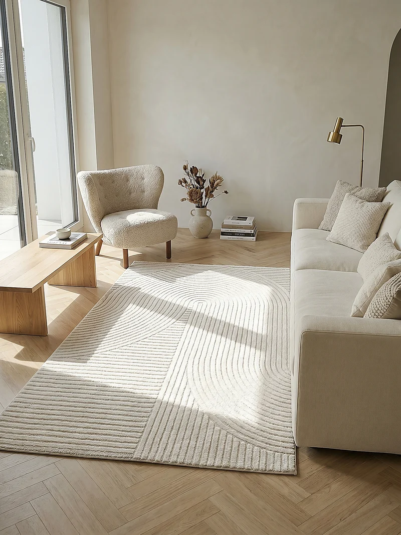 Kurzflor-Teppich 3D-Relief Zen-Halbkreise - Polypropylen-Polyester-Mix, 15 mm Gesamthöhe
