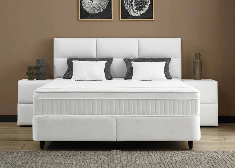 Casa Padrino Luxus Boxspringbett mit Kopfteil in Feldoptik Weiß 160 x 200 cm - Luxus Schlafzimmer Möbel