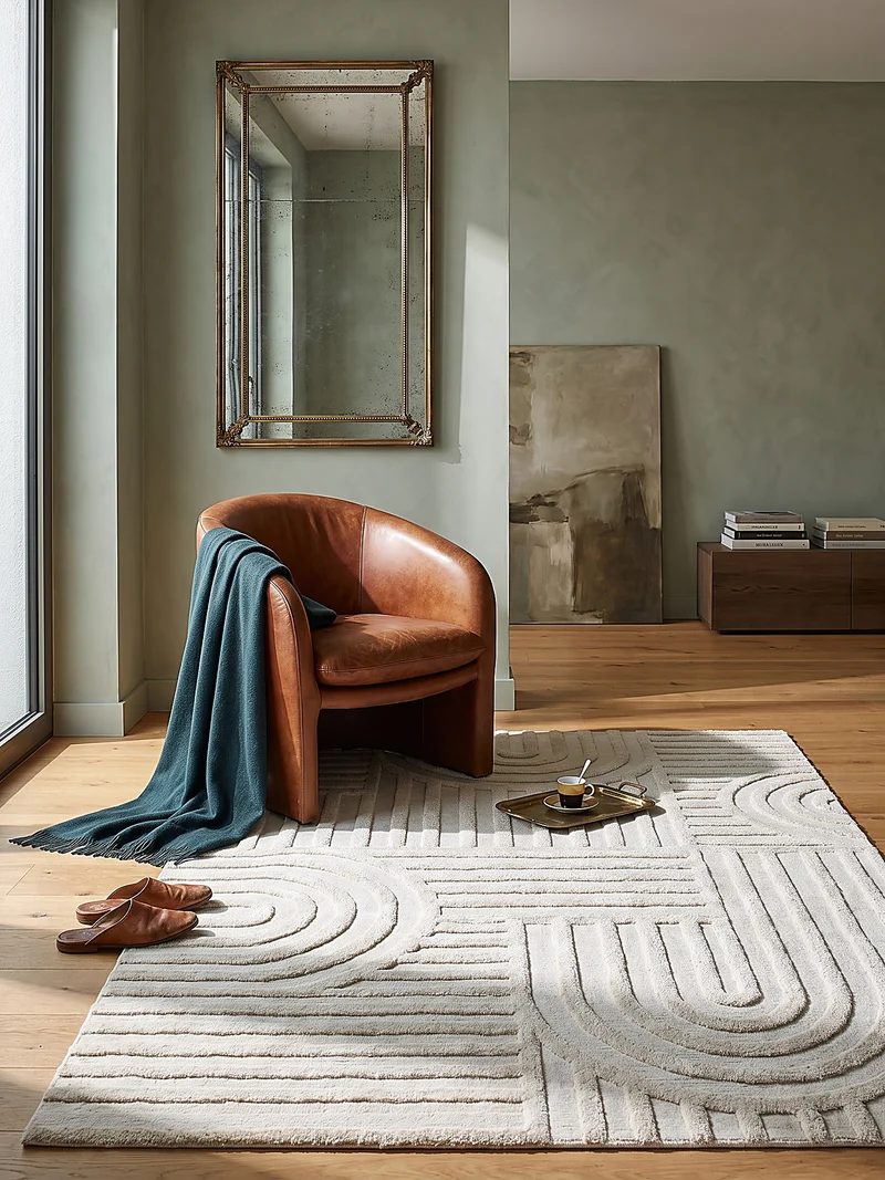 Hochflor-Teppich Bogen-Relief · Ton in Ton creme, 20 mm Flor, gewebt