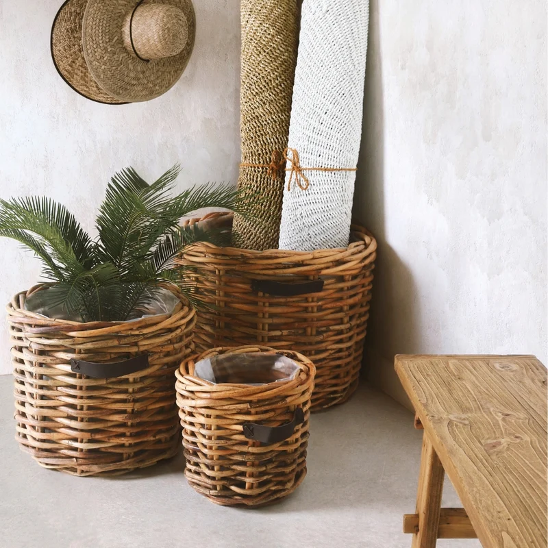 Dickes CL Rattan Pflanzkorb CESTINO natural ca.D50cm Ledergriffe