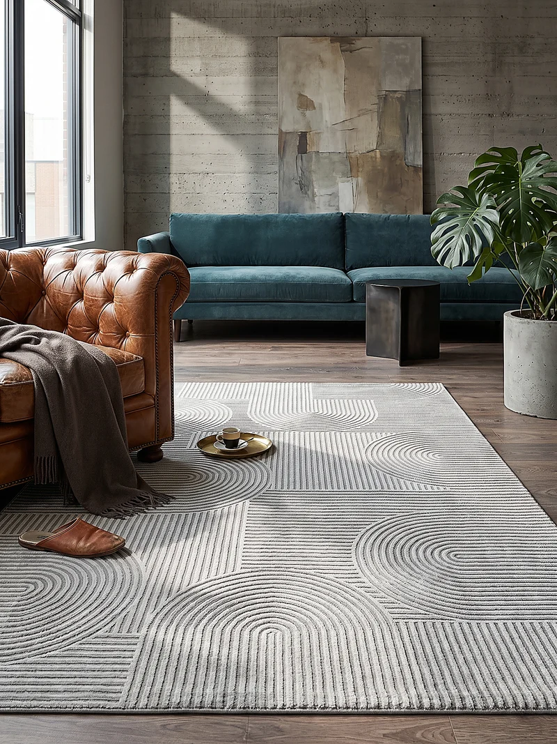 Kurzflor-Teppich Halbkreis-Bögen ton-in-ton - Polyester, 13 mm Gesamthöhe