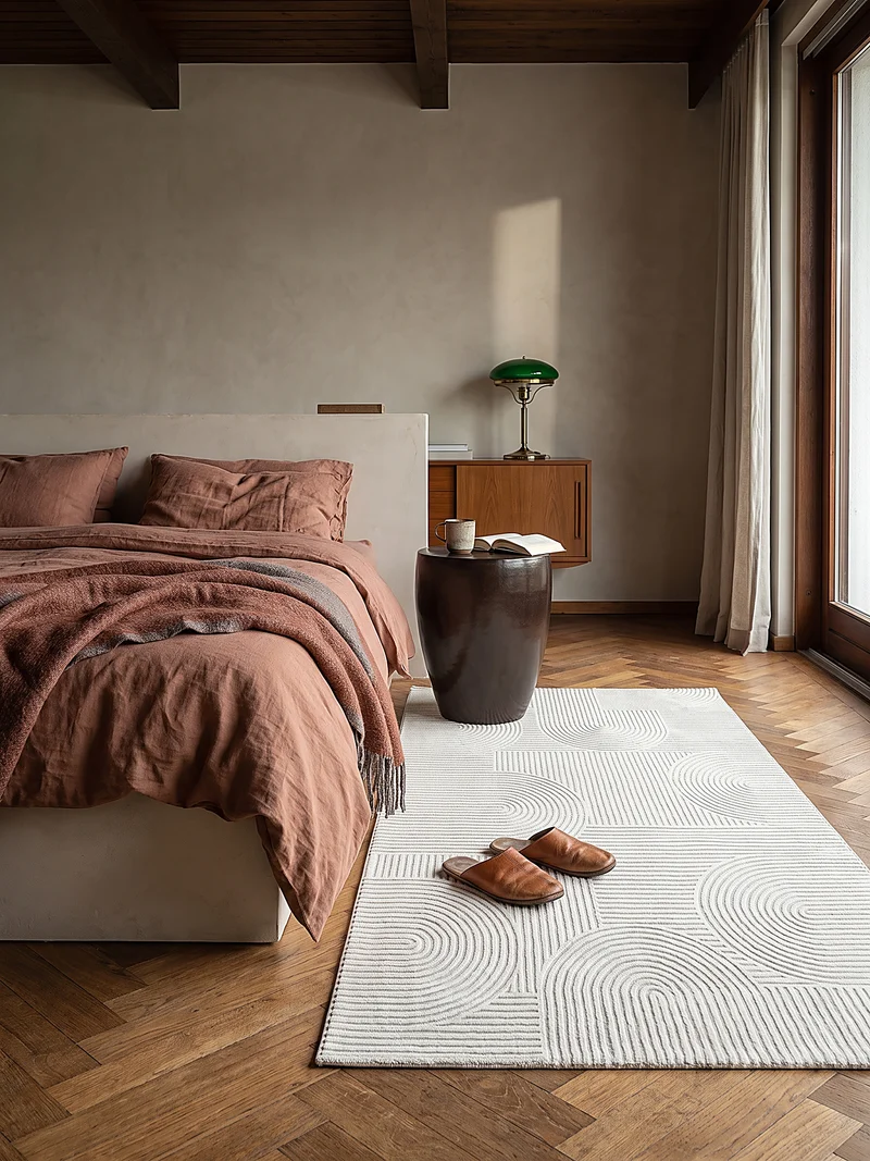 Kurzflor-Teppich Halbkreis-Bögen ton-in-ton - Polyester, 13 mm Gesamthöhe