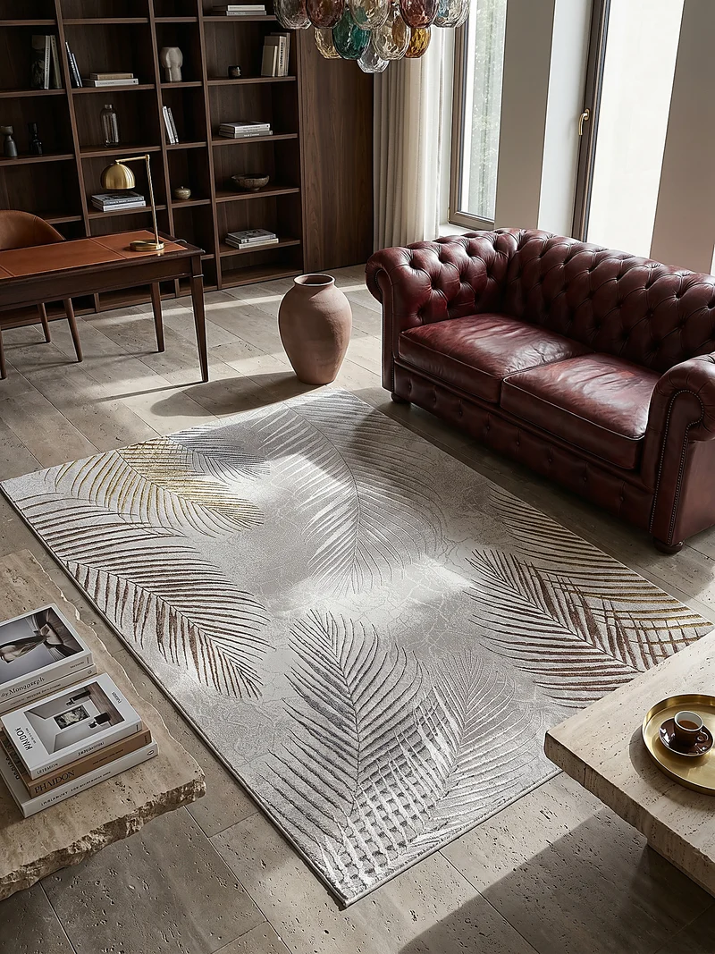 Kurzflor-Teppich Metallic-Palmblätter Glamour - Polyester, 9 mm Gesamthöhe