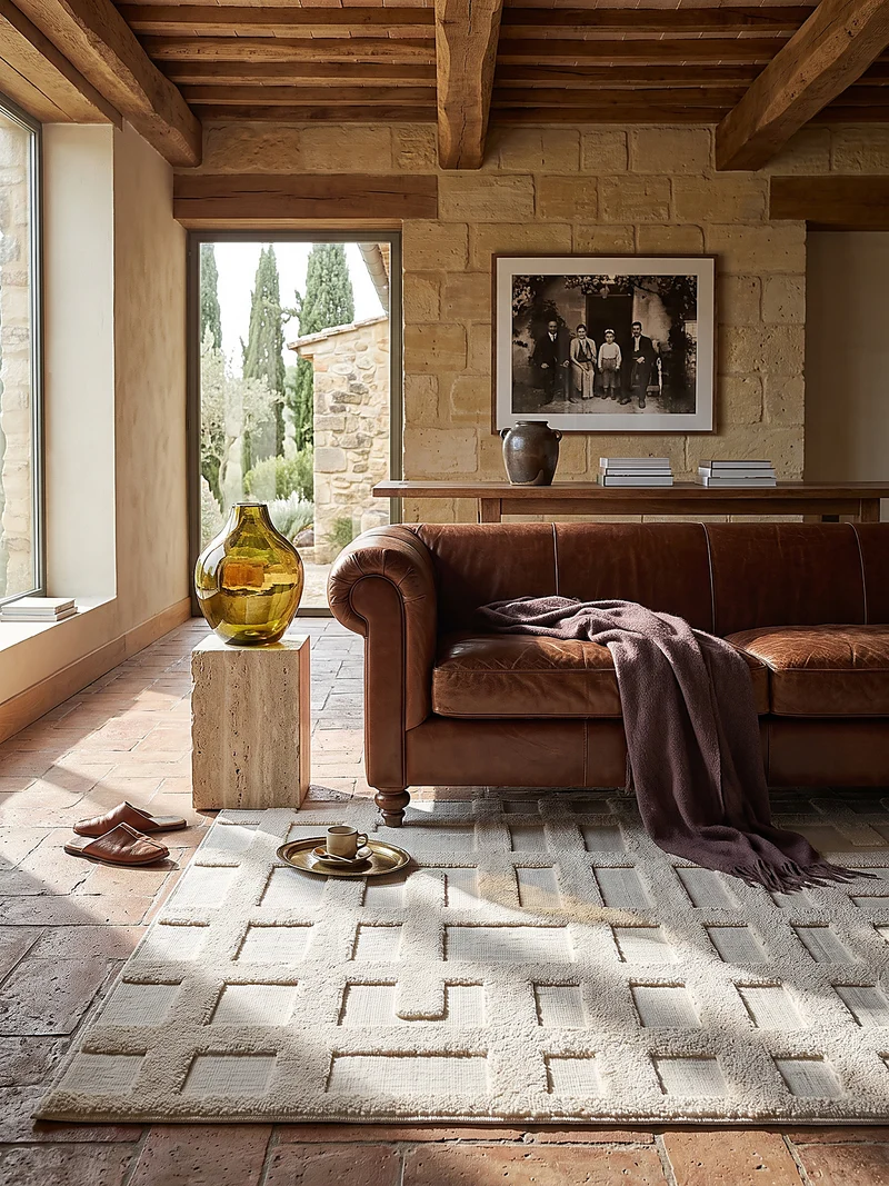 Hochflor-Teppich Blockrelief · Winkelmotiv creme, 20 mm Flor, gewebt