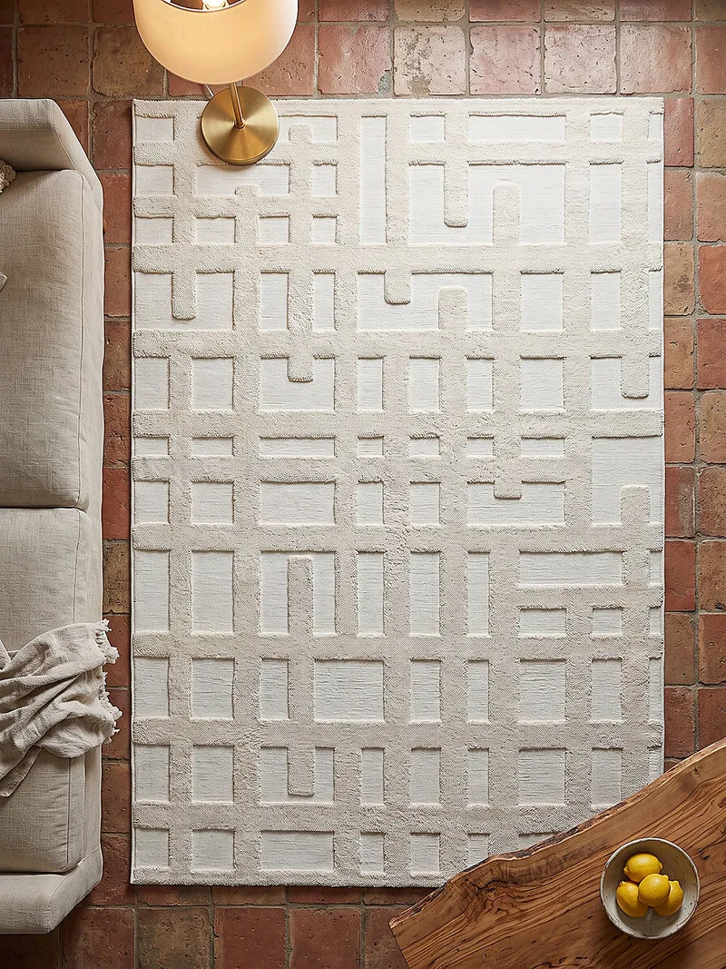 Hochflor-Teppich Blockrelief · Winkelmotiv creme, 20 mm Flor, gewebt