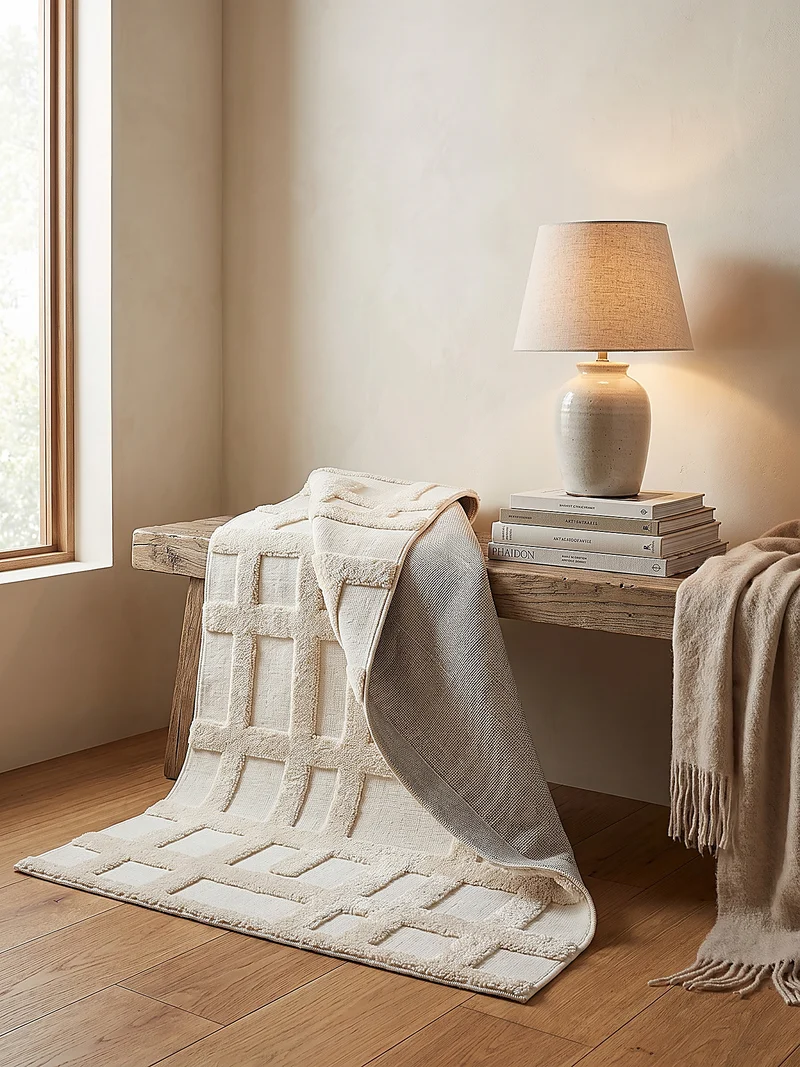 Hochflor-Teppich Blockrelief · Winkelmotiv creme, 20 mm Flor, gewebt
