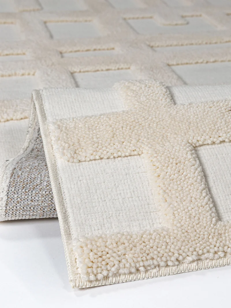 Hochflor-Teppich Blockrelief · Winkelmotiv creme, 20 mm Flor, gewebt