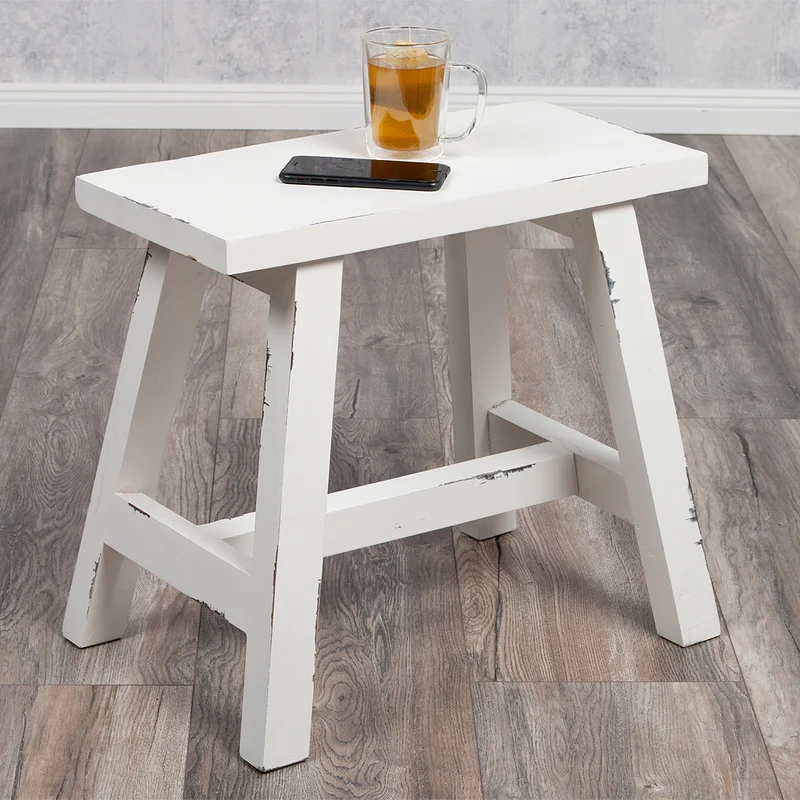 Massivholz Hocker RANCH 50cm Antik-Weiß Beistelltisch Sitzhocker
